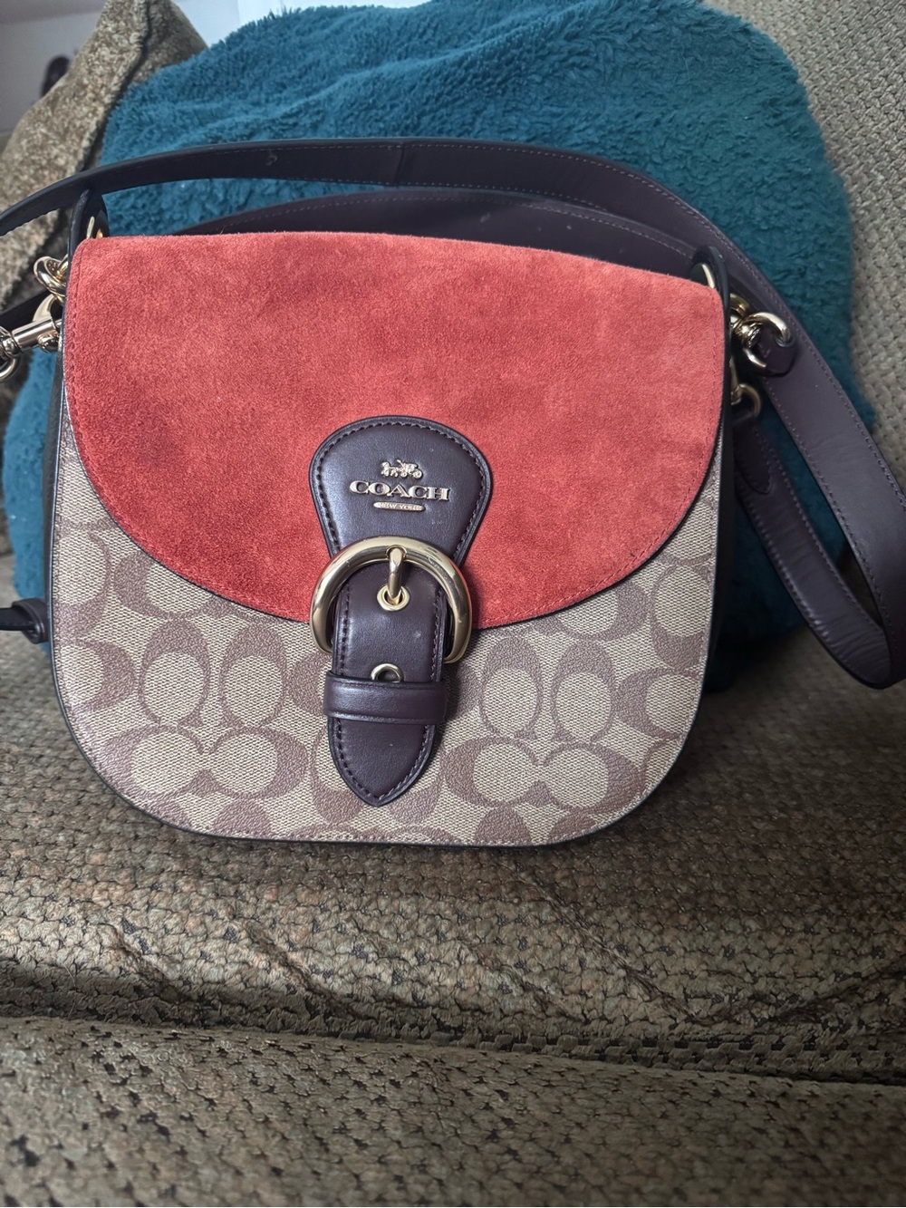 Coach Cleo 23 Handbag/Crossbody Rust Suede Flap and Signature Canvas